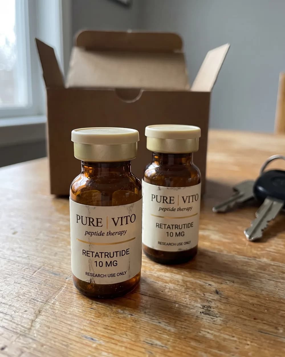 Two Retatrutide vials on a kitchen table, with the unmarked cardboard box they came in behind them.