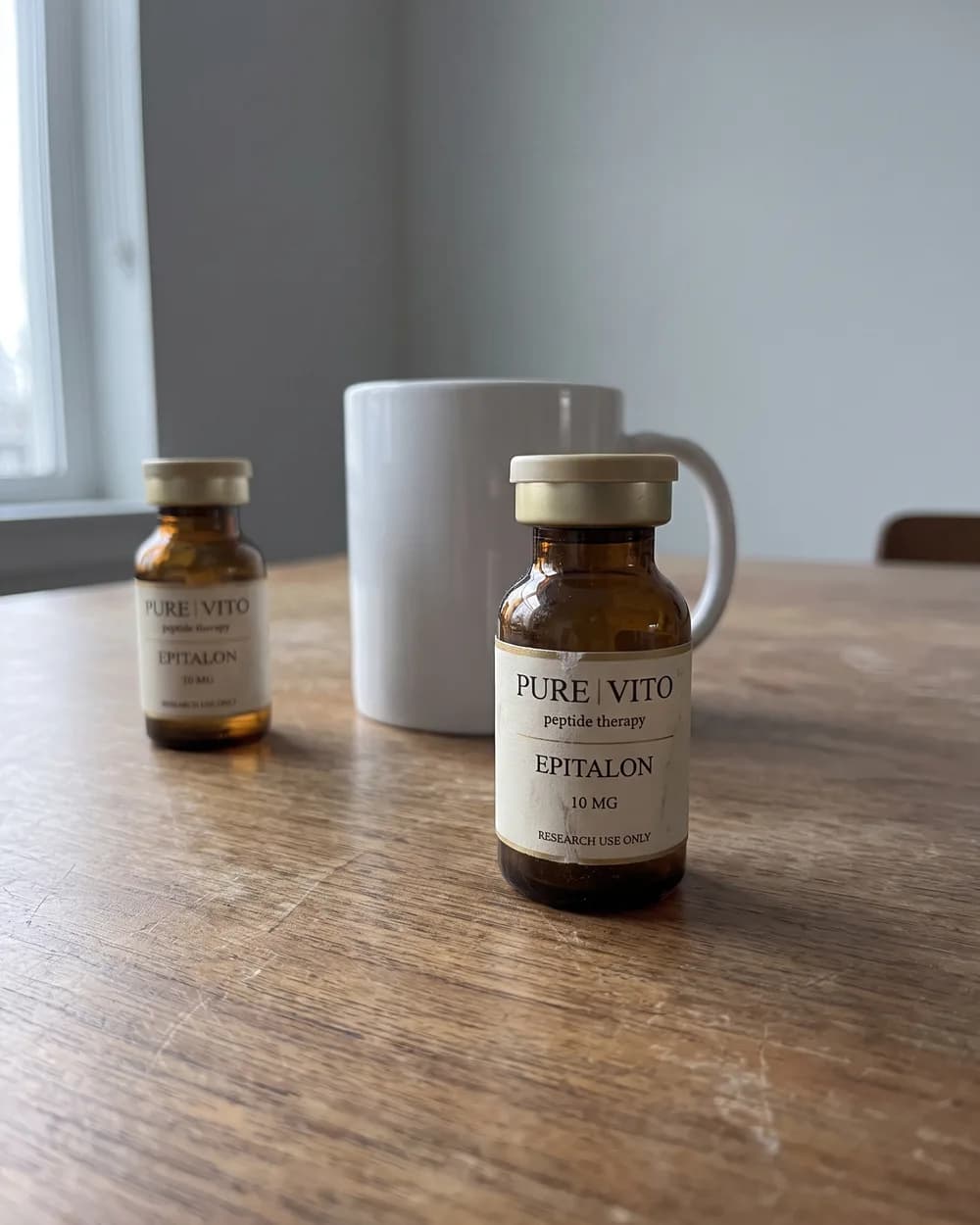 Two Epitalon vials on a bare wooden dining table with a plain white mug behind them.